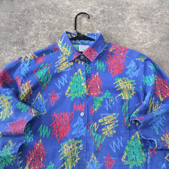 Vintage Miss B Shirt Womens L Blue Button Up Geometric 80s Retro - Picture 2 of 8